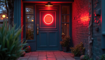 Neon sign doorway with red circle, no entry. Dark blue wooden door, red brick wall in night city. Entrance, exit concept for bar club or shop. Modern urban nightlife vibe.