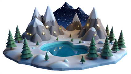 Whimsical winter landscape with snow capped mountains frozen lake and evergreen trees isolated on transparent background