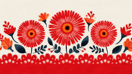 A vibrant floral pattern featuring large red flowers and delicate leaves, set against a light background, exuding a cheerful and artistic vibe.