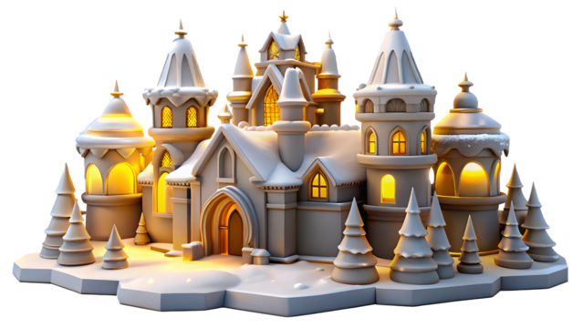 Whimsical illuminated winter castle with snow covered trees and glowing windows isolated on transparent background