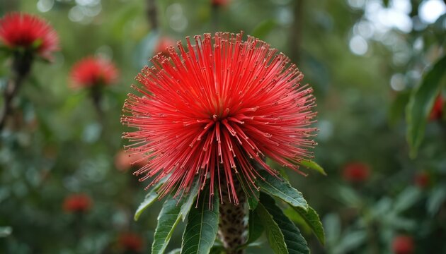 Closeup of Sikat botol red bottlebrush flower. This ornamental plant with bloom resembles bottlebrush shape and attracts insects like butterflies and bees for pollination. Green leaves on background.