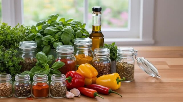 Vibrant fresh herbs, colorful spices, and bell peppers arranged for culinary inspiration, capturing nature's bounty.