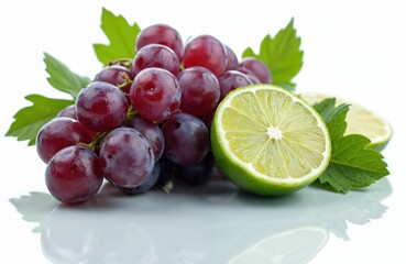 Fototapeta premium Illustration of grape and lime mix on white background. The photo captures refreshing mix, fruit, citrous. Sliced lime, grapes with leaves, concept of summer, tasty cocktail or cold drink.