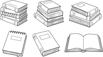 Books, illustration, black and white, line art, drawing, set, collection, stack, sketch, notebook, open, outline, education, study, reading, literature, minimal, clean, academic, graphic