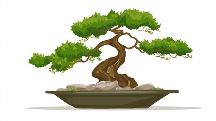 Japanese bonsai tree with green leaves in a pot isolated on a white background for nature and garden design vector illustration