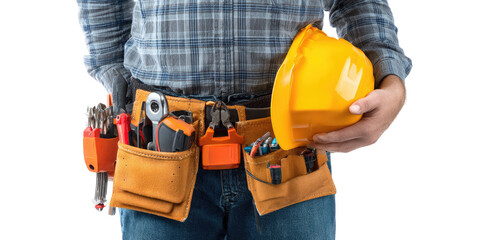 Worker in checkered shirt with tool belt and hard hat