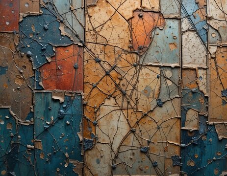 Intricate textured mosaic with weathered tiles and abstract patterns - Powered by Adobe