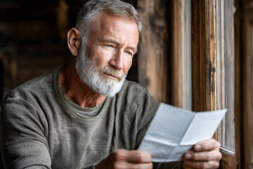Senior man reading important documents by the window in a wooden house