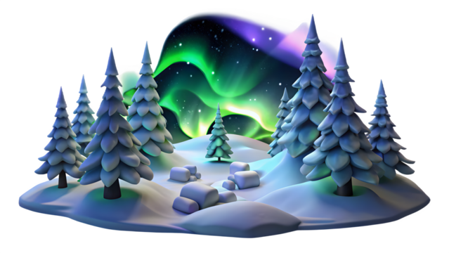 Whimsical winter forest scene with snow covered pine trees and vibrant aurora borealis lights in the night sky isolated on transparent background