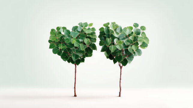 Two heart-shaped trees with vibrant green leaves stand side by side against a light background, symbolizing love and nature.