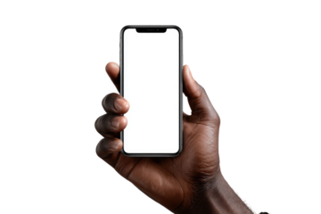 Close-up of a dark-skinned hand holding a blank smartphone