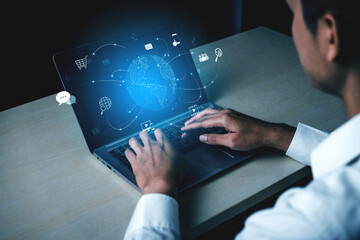 Visualization of global digital communication and online across multiple platforms, including global network, digital network, communication network, and online network. Vouch