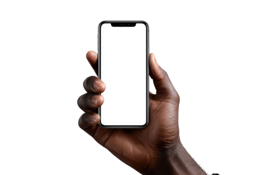 Close-up of a dark-skinned hand holding a blank smartphone