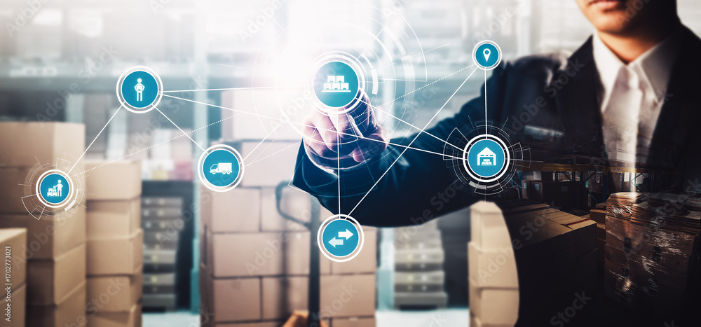 Poster smart warehouse management system with innovative internet of things technology to identify package 