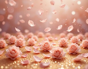 Fototapeta premium Soft pink rose petals gently falling onto a bed of glittering golden flowers, creating a romantic and dreamy atmosphere.