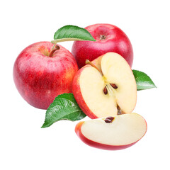 Fresh ripe red apples with leaves and slice