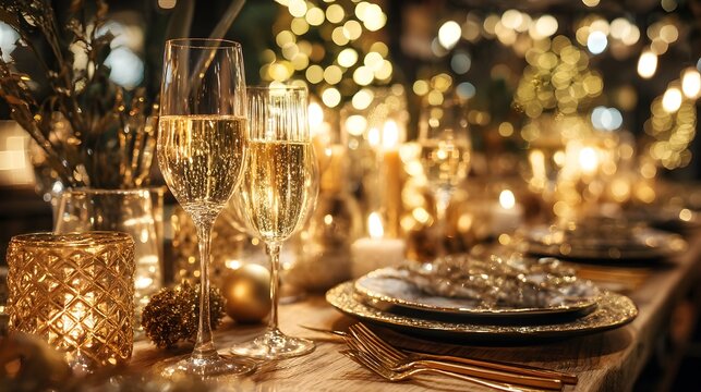 Elegant dinner table set for celebration with sparkling glasses and warm lighting during a festive evening gathering