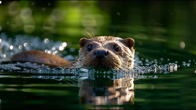 European otter swims in river