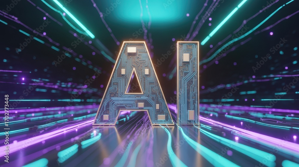 Poster ai in neon: a captivating 3d rendering presents the acronym ai illuminated by vibrant neon lights. c