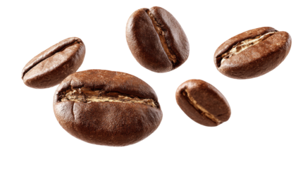Roasted coffee beans in mid-air,  brown and rich.  Close-up view