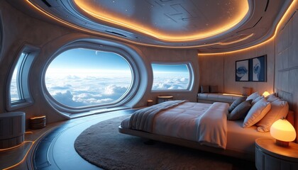 Luxurious commercial space station interior with panoramic windows, modern design. Concept for space tourism, featuring comfortable bedroom, lounge area, offering stunning views of Earth, sky.