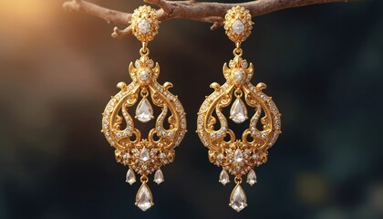 Fototapeta premium Elegant gold earrings feature intricate detailing, sparkling stones. Ornate, luxurious design adds glamour, feminine charm, perfect for special occasions bridal wear. Earring dazzling, high-quality
