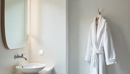 White bathrobe hanging on a hook beside a steamy mirror, creating a serene atmosphere in a modern, minimalist bathroom design, created with generative ai