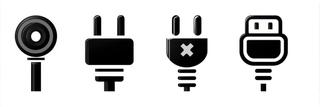 Illustration of four various black colored electric plugs isolated against a white backdrop