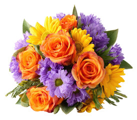 Vibrant bouquet of mixed flowers.  Orange roses, yellow daisies, and purple flowers tightly clustered
