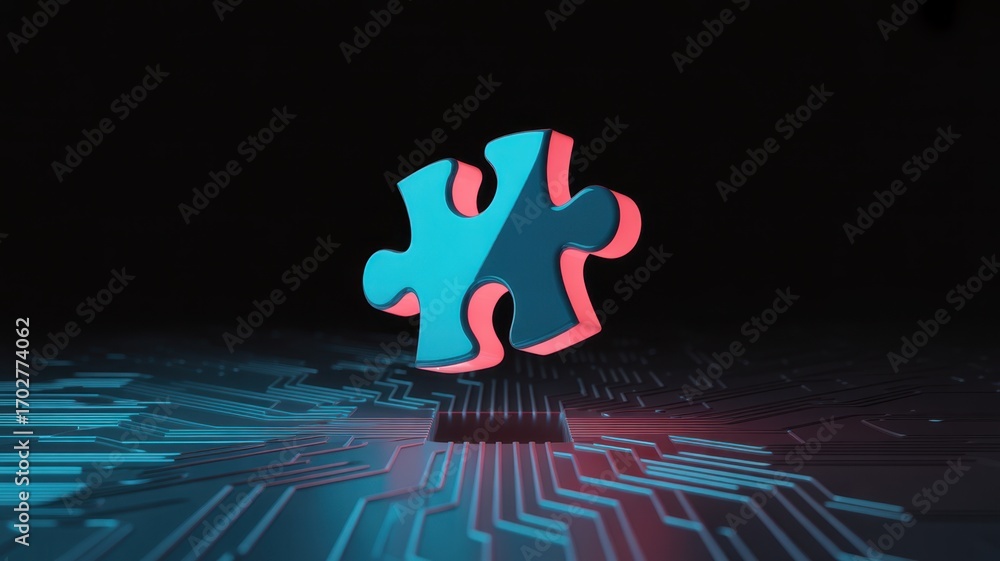 Poster digital puzzle: a vibrant, stylized jigsaw piece floats over an intricately designed circuit board, 