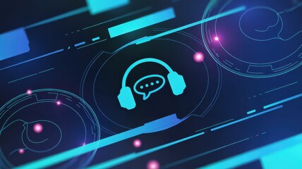 Digital Customer Service: An abstract view of digital interface, illuminating a stylized headset and speech bubble symbol, symbolizing customer support and modern communication.