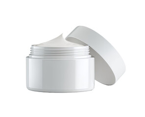 Open white cosmetic jar with creamy product