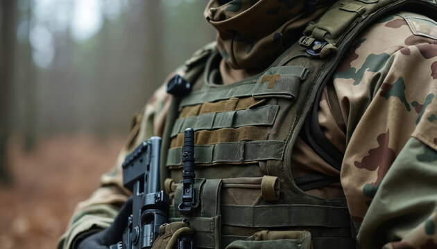 Close-up of armed military man with modern rifle, wears camouflage uniform with tactical bulletproof vest in forest area. Soldier ready for action, protects borders, involved in military operations.