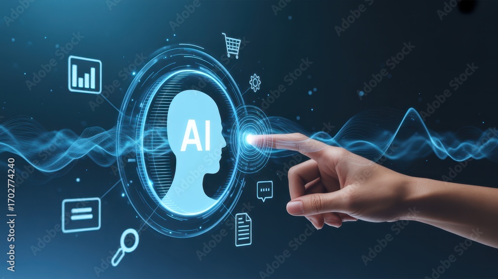 Aufkleber ai interface interaction: a futuristic hand interacts with an ai interface.