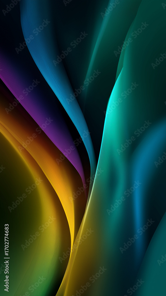 Poster soft curves and flowing lines create a mesmerizing blend of colors, including deep blues, vibrant pu