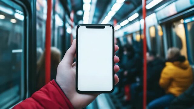 Blank smartphone screen in subway train held by person in red jacket