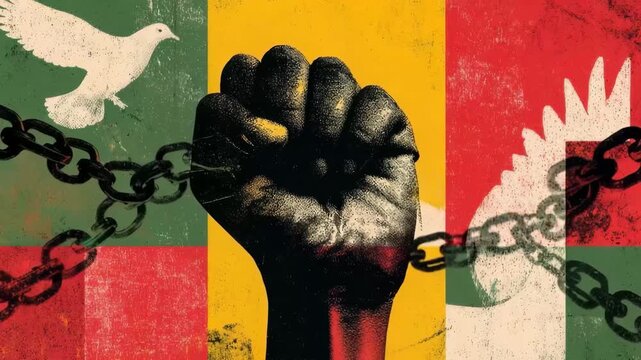 Raised black fist breaking chains with symbolic dove and flag colors