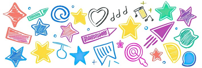 Colorful hand-drawn doodles on white background, featuring stars, shapes, and symbols
