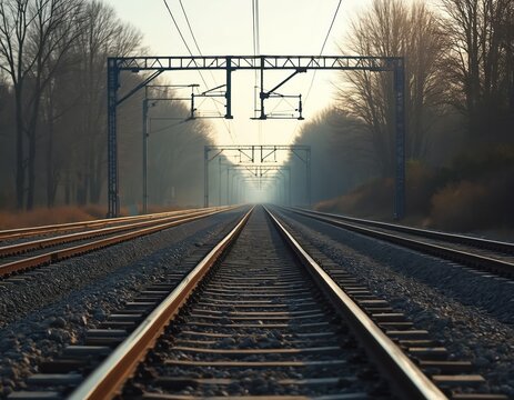 Multiple train tracks converge, branch out in rail yard under hazy sky. Overhead power lines, gantries suggest active railway network. Bare trees line embankment, indicating temperate climate season.
