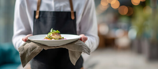 Professional waiter wearing black apron carrying gourmet dish garnished with herbs, blurred restaurant background