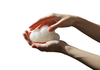 Hands holding fluffy white soap foam isolated on transparent background
