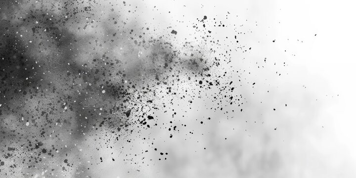 Monochromatic abstract image depicting a dense cloud of dark particles dispersed against a stark white background, suggesting a sense of movement and explosion