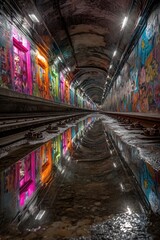 Vibrant graffiti art adorns the walls of a long, arched tunnel, its colorful reflection mirrored in a puddle on the train tracks below, creating a symmetrical and captivating scene