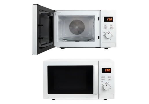 White microwave oven open and closed isolated on transparent background