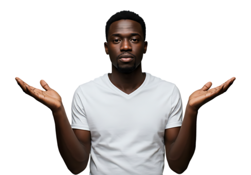 Man in white t shirt with hands up isolated on transparent background - Powered by Adobe