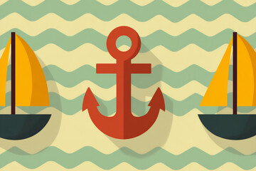 whimsical seamless pattern of stylized sailboats and anchors on a light blue background with wavy li