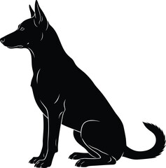 PBlack Silhouette Dog Sitting Vector Illustration, Alert Posture with Pointed Ears and Curled Tail, Ideal for Pet and Animal Design