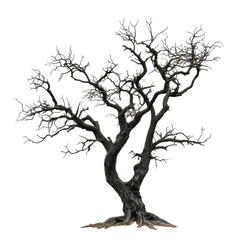 Fototapeta premium Dark spooky dead tree, A spooky, lifeless tree with gnarled limbs, set in a shadowy, foreboding landscape, isolated on transparent background