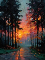 A path through a forest at sunset, the trees are silhouetted against a vibrant orange and red sky, reflecting on a wet road