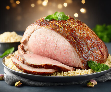 a close-up photograph of roasted lamb infused with vibrant yellow saffron threads and green mint lea